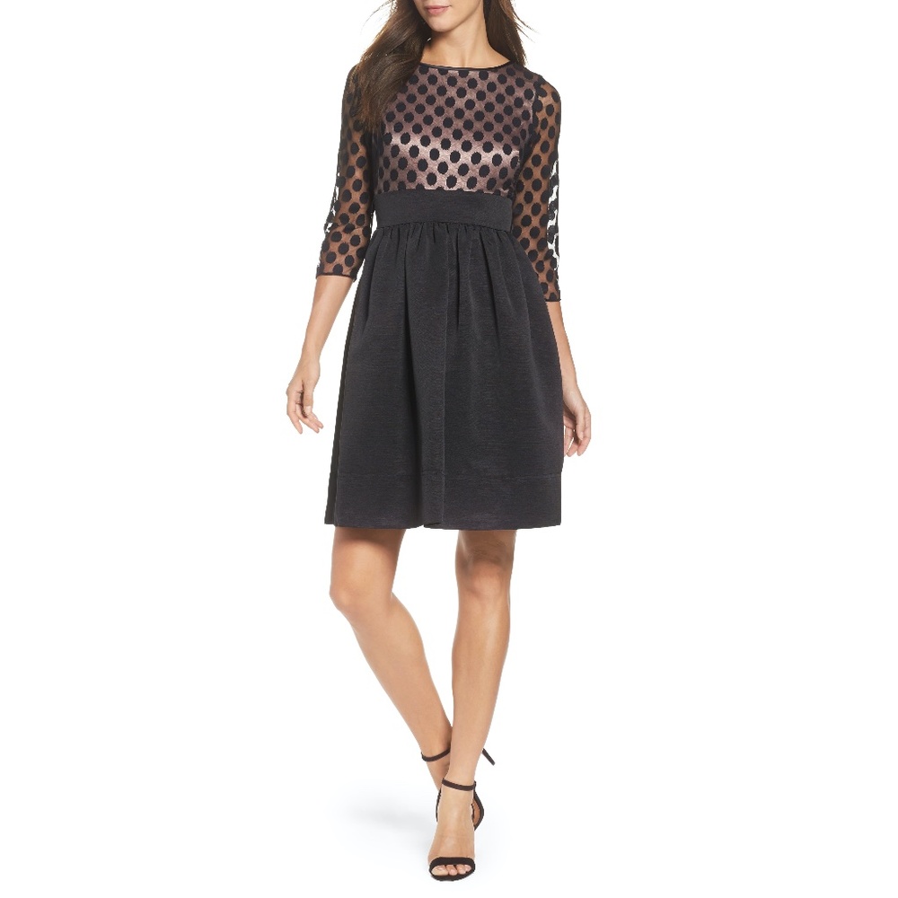 Eliza J Polka Dot Mesh Bodice Fit & Flare Dress